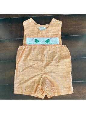 Vintage Smocked Orange Gingham Baby Shortalls with Green Frog Detail
